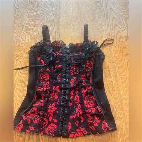 Tripp Nyc Tops Tripp Nyc Hot Topic Roses Floral Red Black Lace Ribbon Goth Corset Bustier