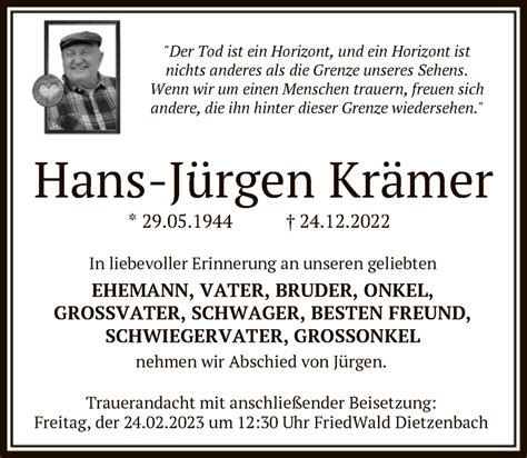 Traueranzeigen von Hans Jürgen Krämer trauer op online de