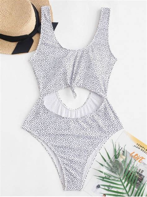 [20 Off] 2021 Zaful Dotted Cut Out Knotted One Piece Swimsuit In White