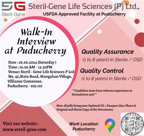 Steril Gene Life Sciences Walk In Interview For QA QC On 29th June 2024