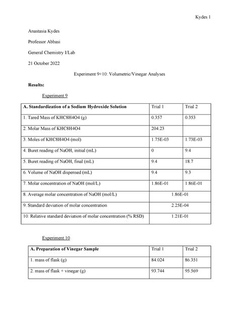 Experiment Volumetric Vinegar Analysis Anastasia Kydes