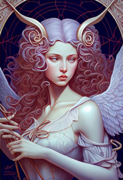 Premium Ai Image Painting Of A Woman With Horns And A Halo Holding A