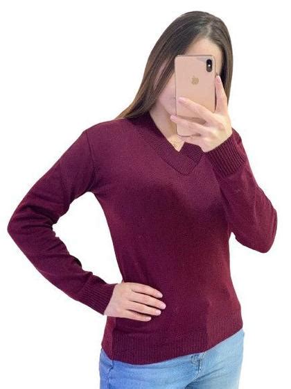 Blusa Trico Basica De Frio Feminina Decote V Manga Longa Calu Tricot