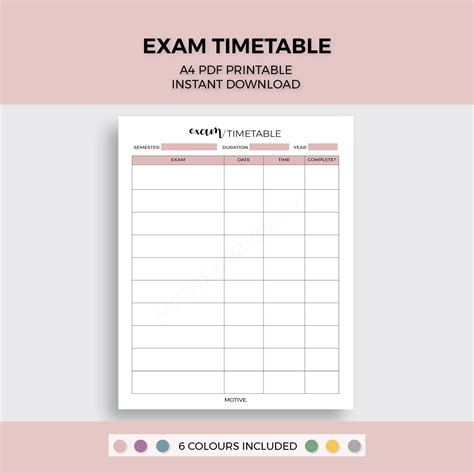 Exam Timetable A4 PDF Printable - Etsy UK