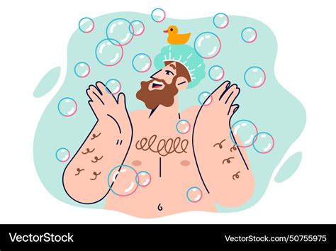 Naked Man Taking Shower Stands Among Soap Bubbles Vector Image