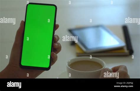Back View Of Brunette Holding Chroma Key Green Screen Smartphone