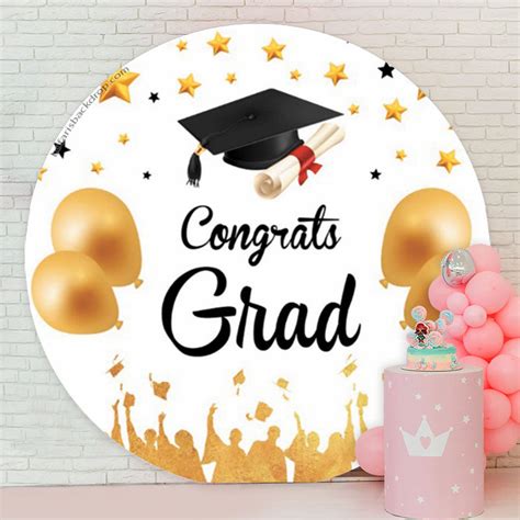 Gold Balloons Stars Round Graduation Photo Backdrop Lofaris