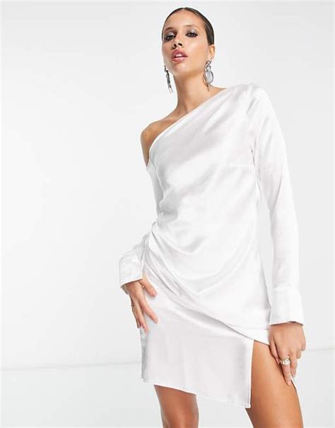 Asos Design Off Shoulder Satin Long Sleeve Drape Mini Dress In Ivory