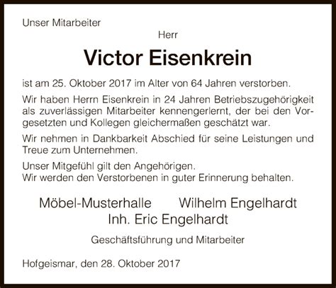 Traueranzeigen Von Victor Eisenkrein Trauer Hna De