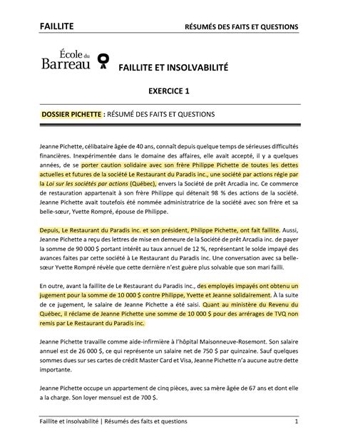 Exercices Faillites et insolvabilité FAILLITE RÉSUMÉS DES FAITS ET