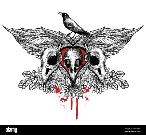 Three Bird Skulls With Blood Gothic Illustration Tattoo Style Wings