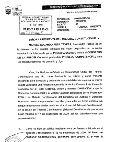 Procurador del Congreso presenta oposición a que TC vea demanda