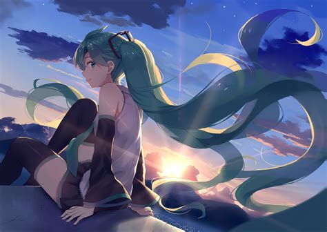 Download Twintails Green Hair Skirt Green Eyes Long Hair Sunset Hatsune