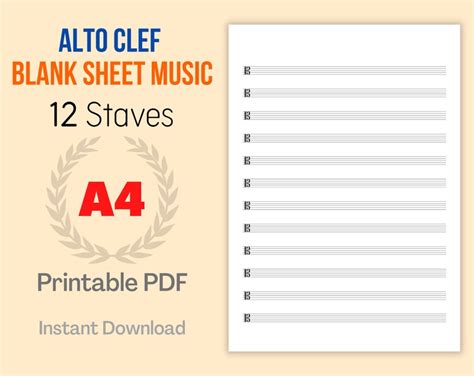 Printable Blank Sheet Music Alto Clef Template A4 Size 12 Blank Staves 210 X 297 Mm 83 X 117