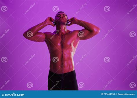 Man Wearing Headphones Athletic Physique Bodybuilder Nude Torso Abs