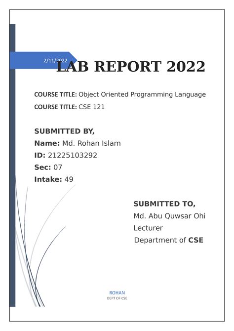 Cse Lab Report Rohan Dept Of Cse Lab Report Course Title