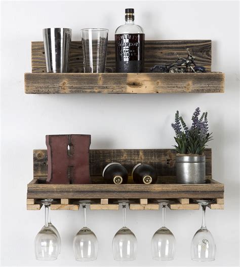 Reclaimed Wood Floating Shelf And Wine Rack Set Wine Key Wine Glass Rack And Glass Rack