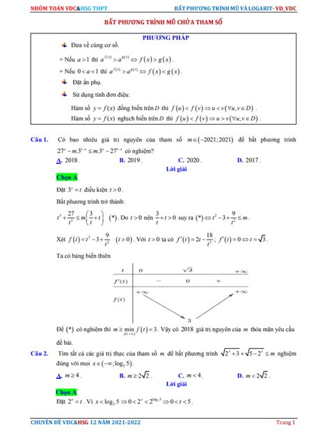 Bất phương trình mũ và logarit chứa tham số Hướng dẫn giải chi tiết từ