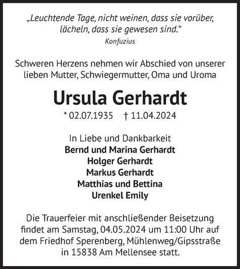 Traueranzeigen Von Ursula Gerhardt M Rkische Onlinezeitung Trauerportal