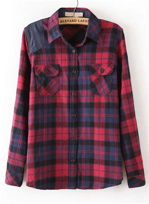 Red Lapel Long Sleeve Plaid Pockets Blouse Shein Sheinside