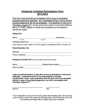 Fillable Online Intramural Volleyball Participation Form 2014 2015 Fax