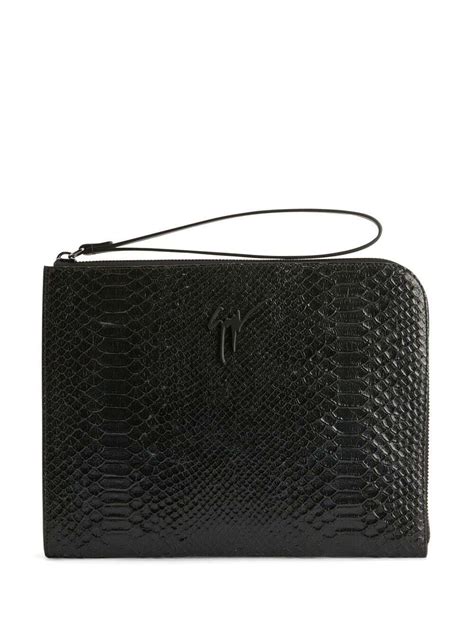 GIUSEPPE ZANOTTI Fabian Snakeskin Effect Clutch Bag Black Editorialist