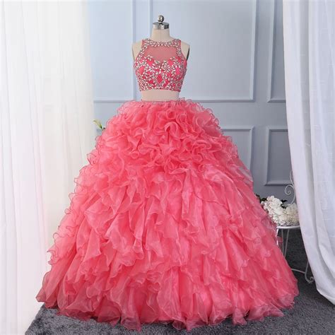 Cloverbridal Puffy Ball Gown Cristalli Pietre Perline Due Pezzi Coral