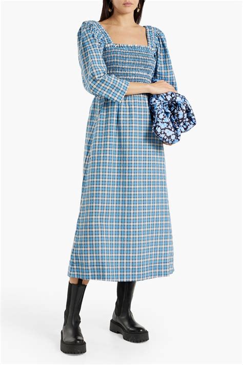 Ganni Shirred Checked Cotton Blend Seersucker Midi Dress The Outnet