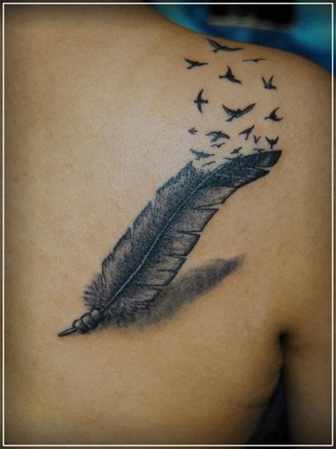 Upper Back Bird Crow Feather Tattoos Design