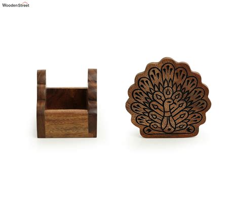 Buy The Dancing Peacock Hand Carved Coasters With Holder In Sheesham