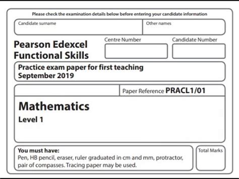 Functional Skills Maths L Practice Paper Pearson Edexcel Reform