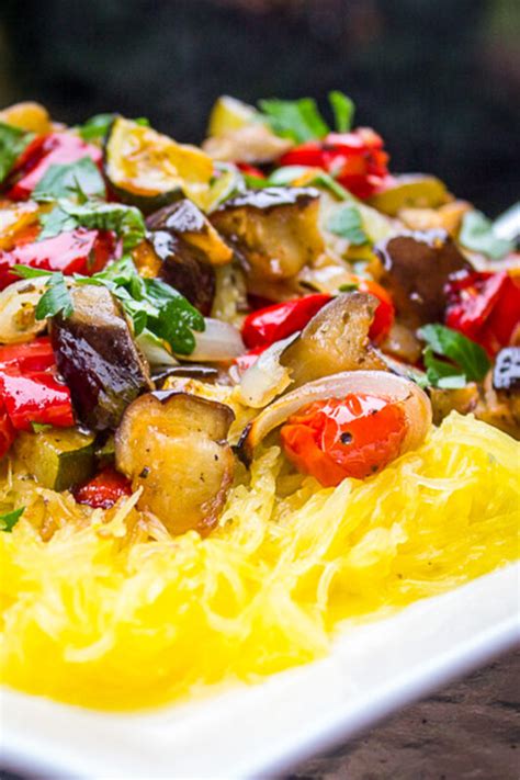 Spaghetti Squash Noodles With Roasted Vegetables Two Kooks In The Kitchen