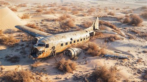 Wreck Of Crashed Airplane In Middle Of Desert Showing Signs Of Rust