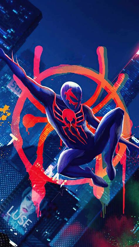 spider - man into the spider verse poster with cityscape and neon ...