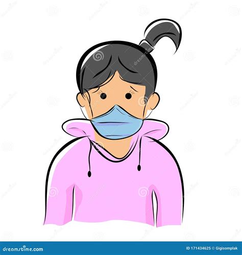 Simple Vector Hand Draw Sketch Sick Girl Using Mask Isolated On