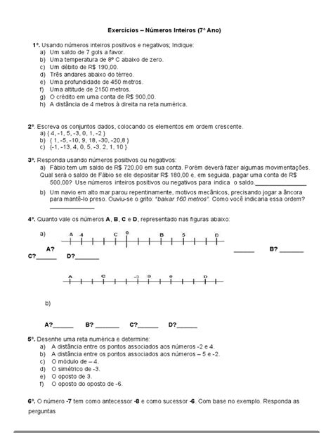 Exercícios de Números Inteiros - 7º Ano | PDF | Métodos e Materiais de ...