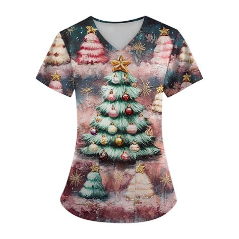 Bdporkas Christmas Scrub Tops Women Cute V Neck Short Sleeve Santa Xmas