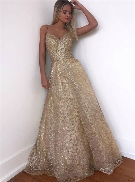 A Line Spaghetti Straps Gold Sequin Appliques Long Prom Dresses