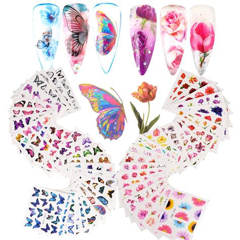 Vinfutur Blatt Nagelsticker Blumen Schmetterling Wassertransfer