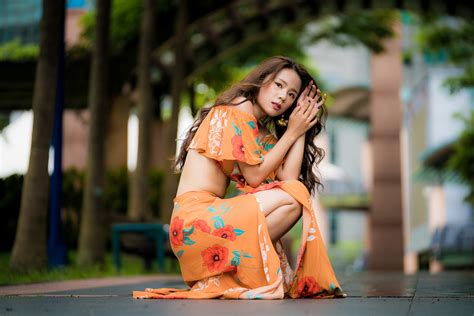 4K Asian Bokeh Brown Haired Dress Hands Glance Sitting HD