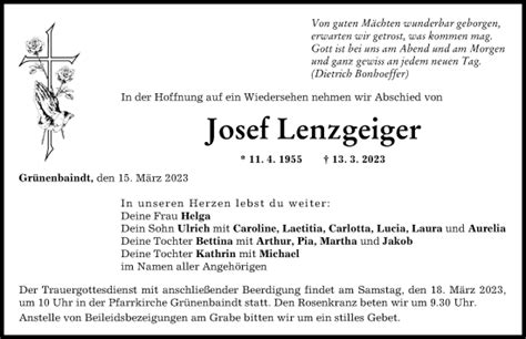 Traueranzeigen Von Josef Lenzgeiger Augsburger Allgemeine Zeitung