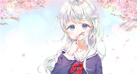 Safebooru 1girl Bangs Blue Eyes Blue Shirt Blush Branch Cherry