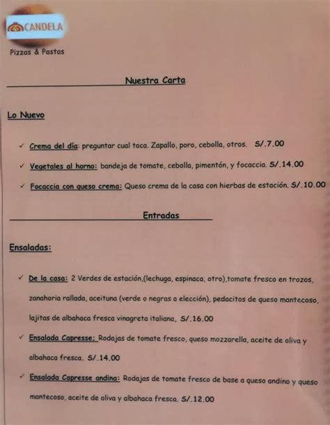 Menu at Candela restaurant, Chachapoyas