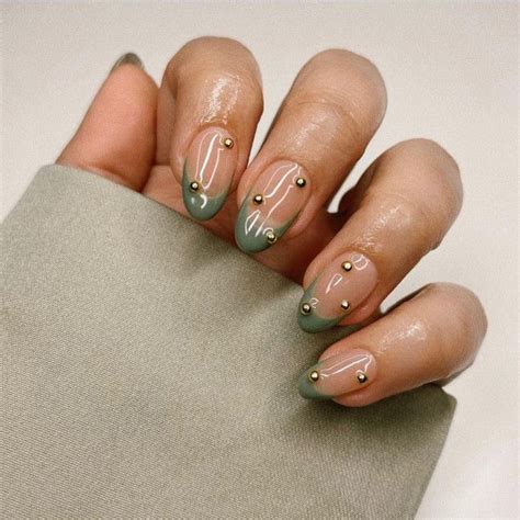 41 Best Spring Nails For 2022 Sage French Tip Nails With Gold Details