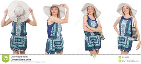 The Collage Of Woman With Panama Hat Isolated On White Stock Photo