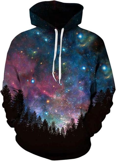 Pizoff Unisex 3d Digital Forest Under The Galaxy Hoodie Pullover Long Sleeve Hooded Sweatshirts