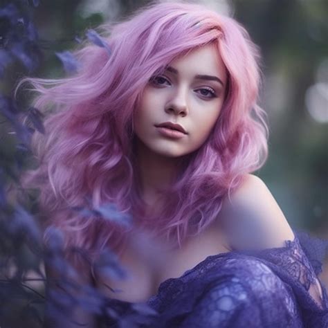 Premium Ai Image A Woman With Pink Hair And Purple Hair Is Posing In Front Of A Tree