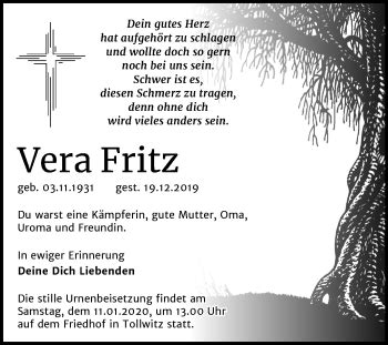 Traueranzeigen Von Vera Fritz Abschied Nehmen De