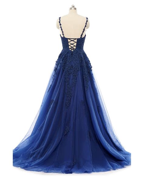 Gorgeous Navy Blue Flowy Long Tulle Prom Dress With Lace Appliques