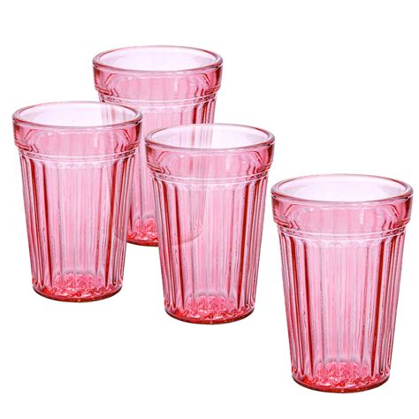 Stpgoods Pink Faceted Stackable Drinking Glasses Set 4 Pcs 8 45 Fl Oz Glass Tumbler Set Water